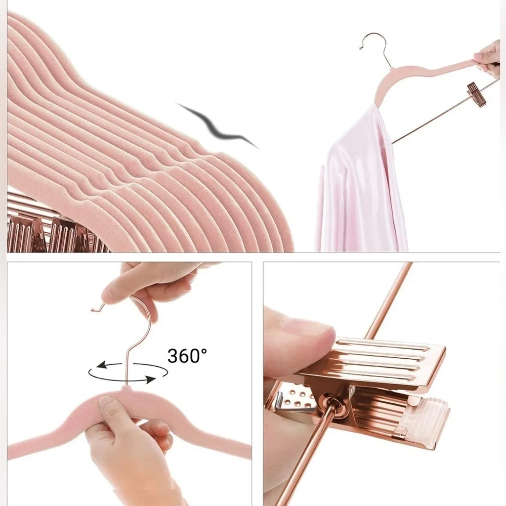 24 Pack Non Slip Space-Saving Hangers w/ Rose Hold Clips & Hooks, Light Pink